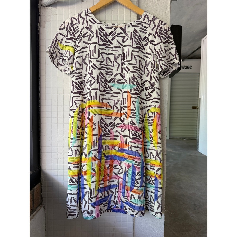 Amanda Uprichard 100% Silk Abstract Geometric Rainbow Border Shift Dress Women P - Picture 2 of 10